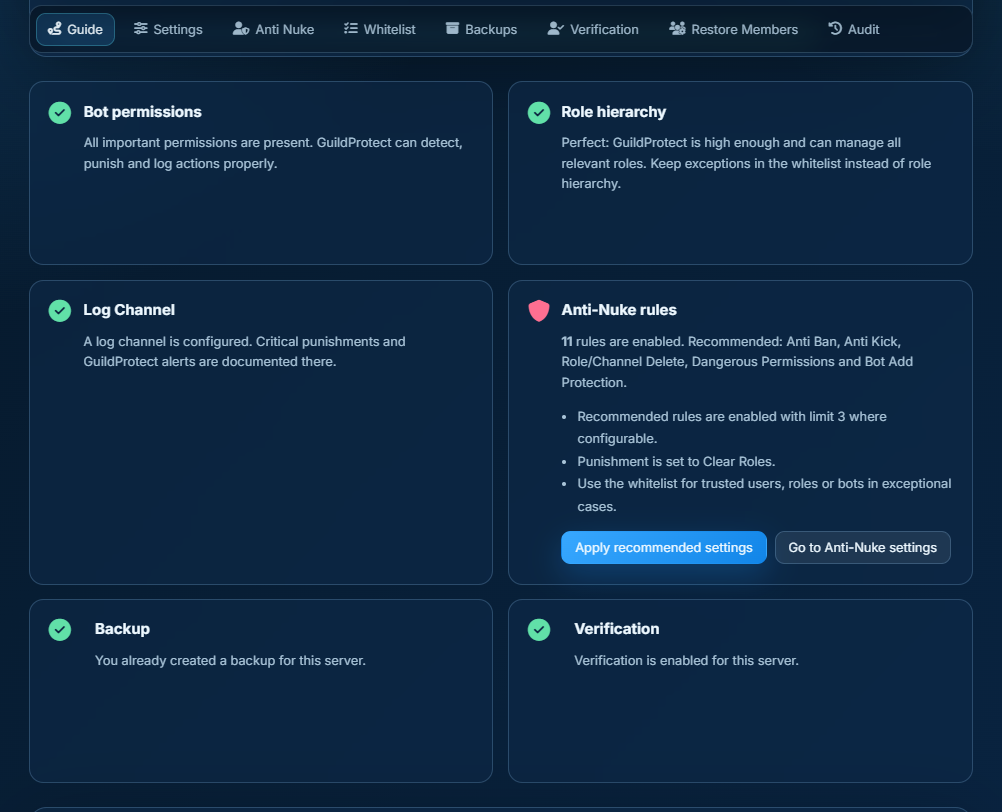 Screenshot of the GuildProtect server guide