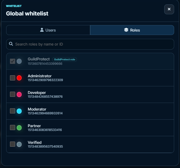 Screenshot of the whitelist modal with user/role search